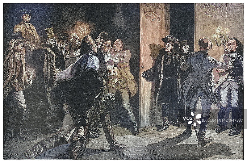 普鲁士国王腓特烈大帝在劳滕战役获胜后在利萨突袭奥地利军官的古老雕刻插图，普鲁士西里西亚（1757年）图片素材