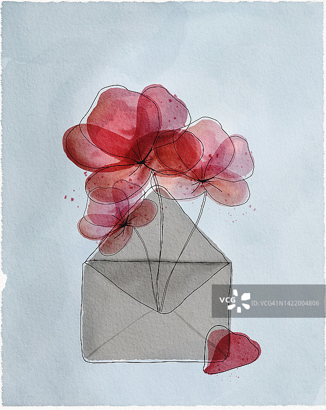 蓝色背景上手绘水彩风格的打开的纸质信封，红色花朵从中伸出图片素材