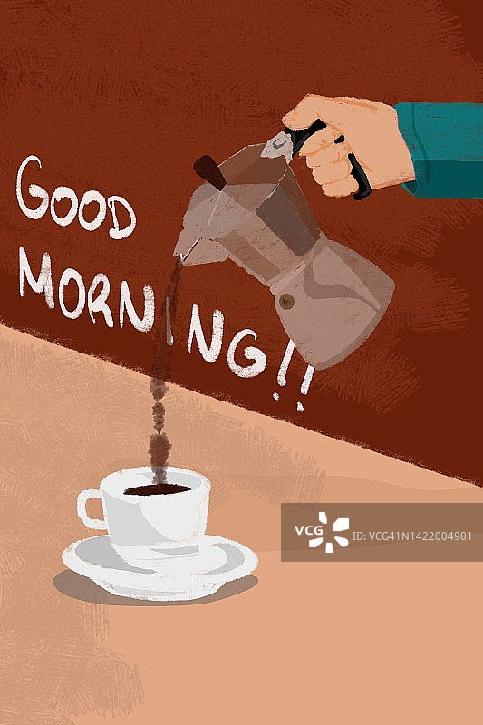 手持咖啡壶倒咖啡的手绘插画图片素材