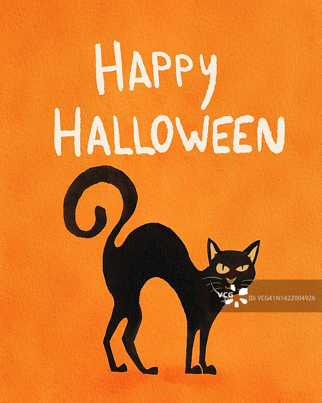 万圣节主题的手绘插画，黑猫和“万圣节快乐”字样图片素材