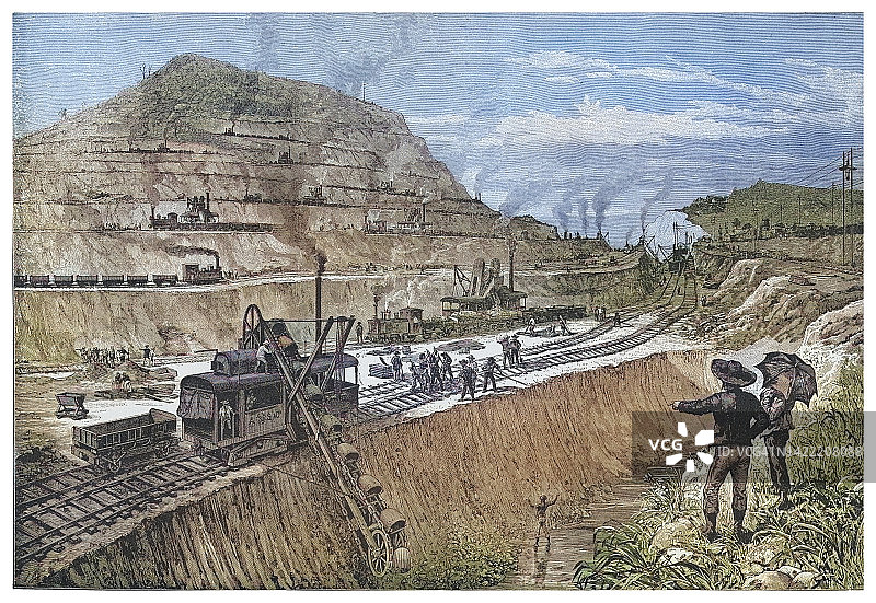 巴拿马运河开凿老式雕刻插图图片素材