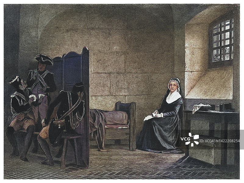 法国王后玛丽·安托瓦内特在监狱中古老雕刻插图图片素材