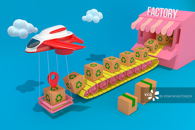 送货无人机在空中取包裹箱。商业技术和工业概念图片素材