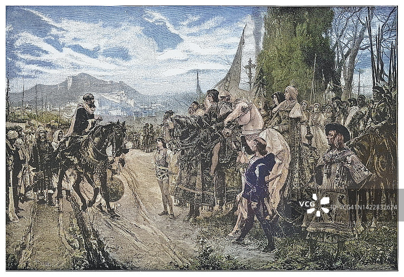 伊莎贝拉一世和费迪南二世接受格拉纳达投降古版画图片素材