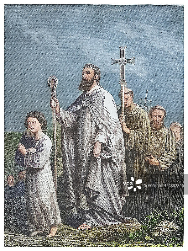 圣帕特里克前往塔拉将爱尔兰人皈依基督教古版画插图图片素材