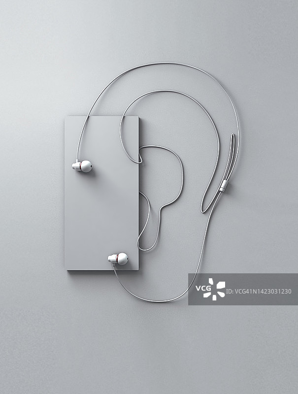 耳朵、耳廓形状、耳机、耳机线，灰色，顶角图片素材