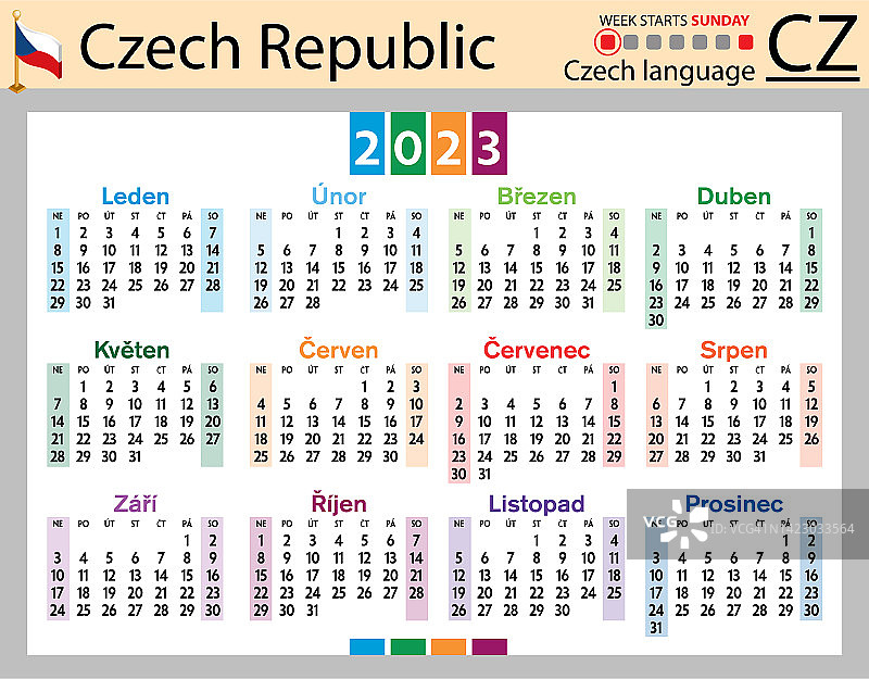 2023年捷克横版袖珍日历（周日开始）图片素材