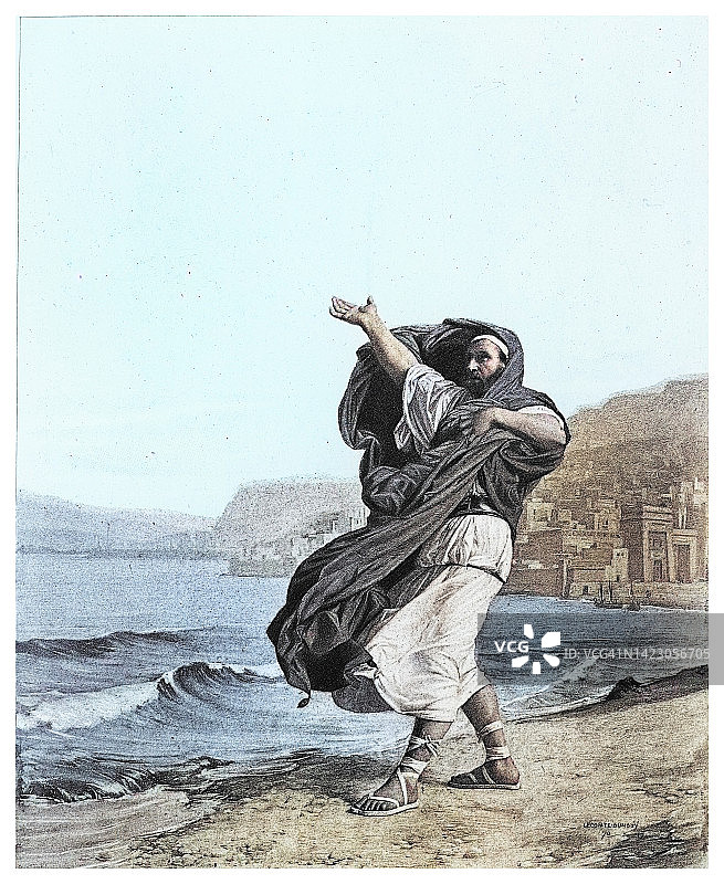 德摩斯梯尼（古雅典的希腊政治家和演说家）练习演说的古老雕刻插图图片素材