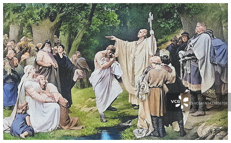 查理曼大帝为威铁金洗礼古董雕刻插图图片素材