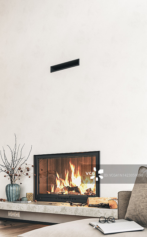 现代客厅，前景为壁炉 - 侧视图图片素材