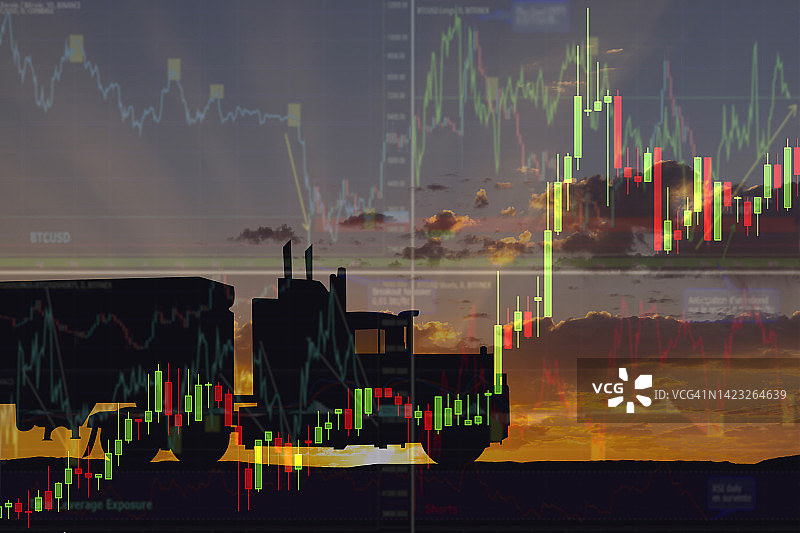 股票图表背景下的半挂卡车轮廓图片素材