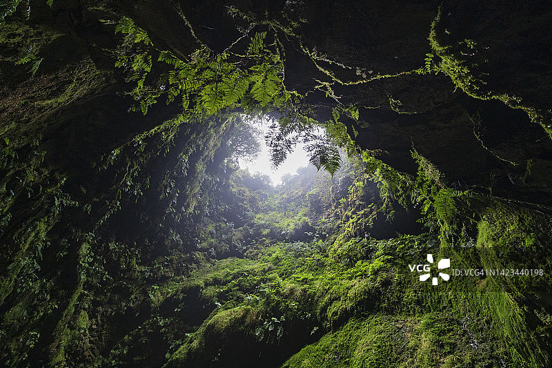 回望卡尔弗火山洞入口图片素材