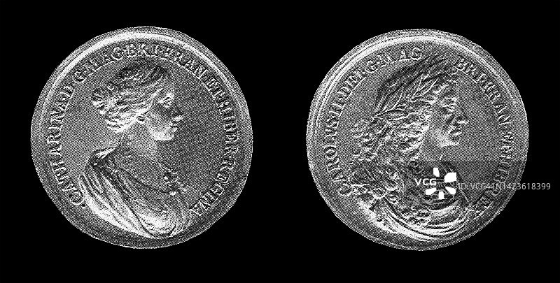 查理二世与凯瑟琳1662年婚礼金质奖章旧版雕刻插画图片素材
