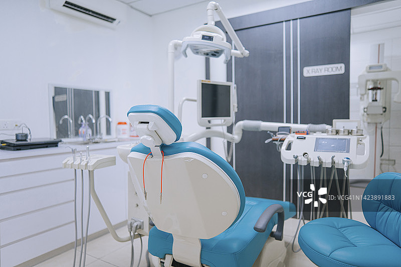 牙科诊所的牙科椅和外科设备，现代化医疗中心的病人接待室图片素材