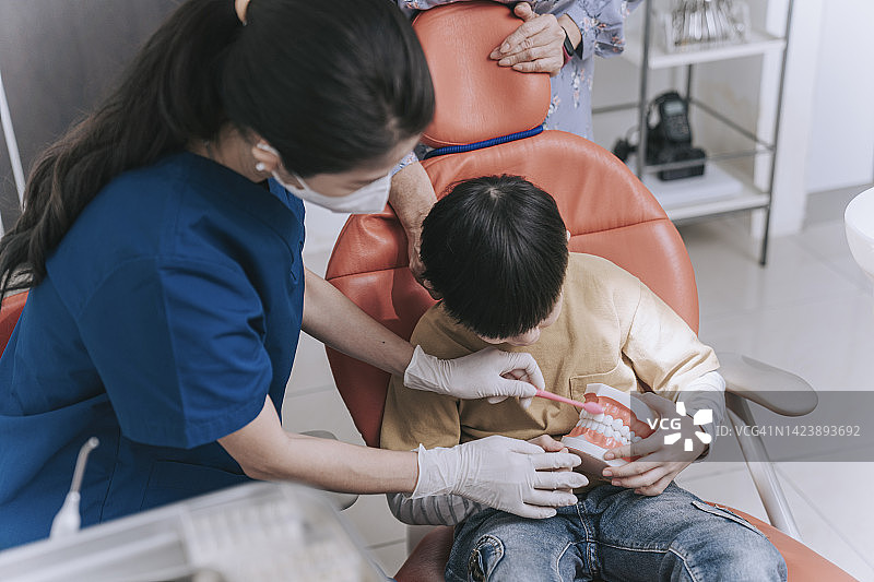 亚洲华裔女牙医向好奇的年幼男患者演示正确刷牙方法图片素材