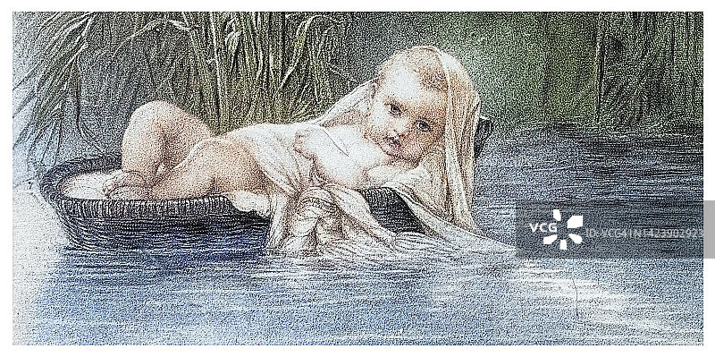 在灯芯草丛中的摩西的古老雕刻插图图片素材