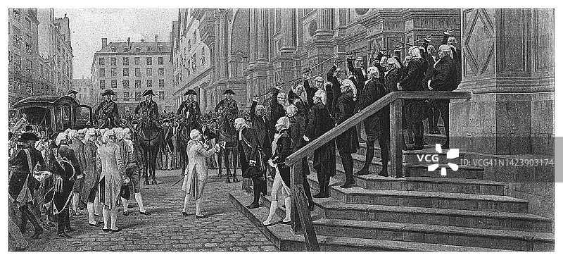 1789年路易十六在市政厅受到巴黎市政府接待的古老雕刻插图图片素材