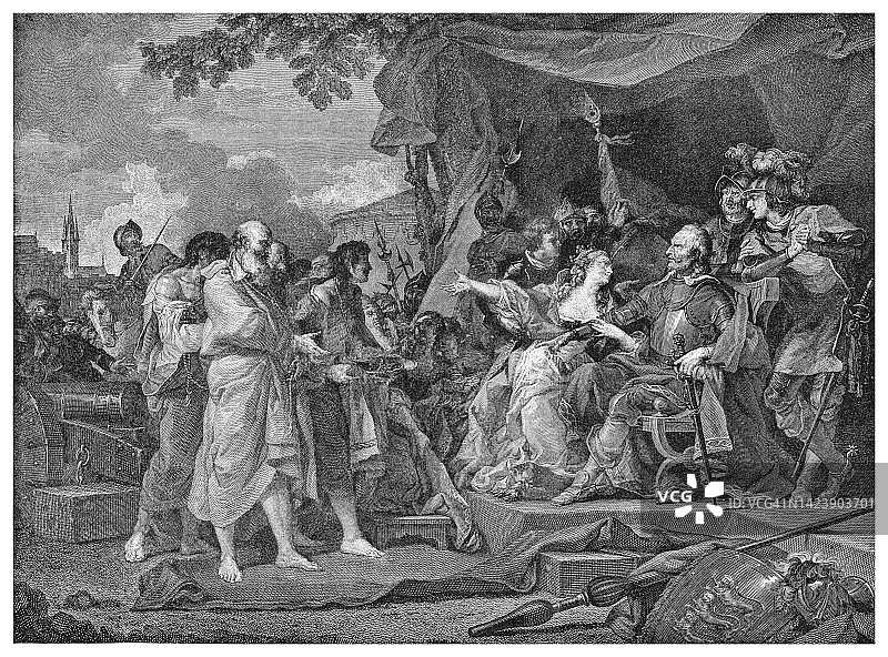 菲利帕王后为拯救加莱市民的生命而向丈夫爱德华三世求情的古老版画插图图片素材