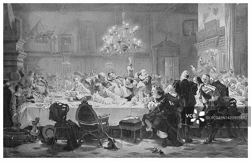 阿尔布雷希特·冯·华伦斯坦（波西米亚将军）最后的宴会古版画插图图片素材