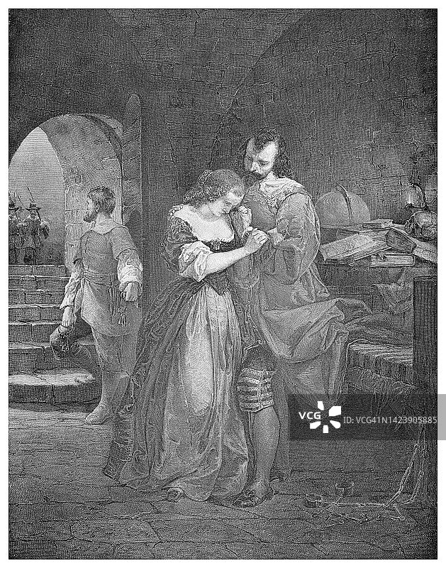 沃尔特·雷利爵士与妻子离别的老式雕刻插图图片素材