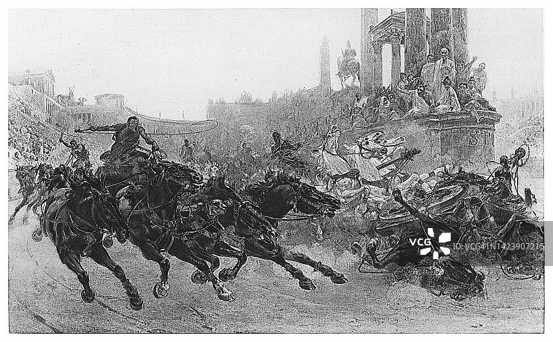 图拉真统治下的罗马战车比赛雕刻插画图片素材