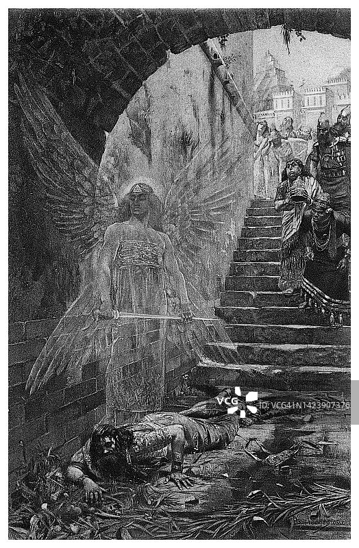 老式雕刻插图：乔治·罗什格罗斯创作的《尼布甲尼撒王的疯狂》图片素材
