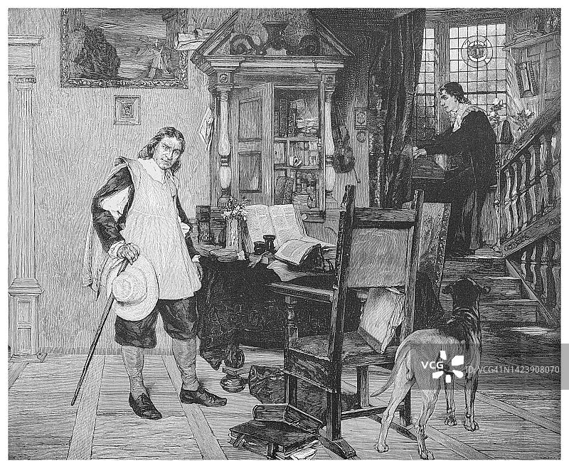 克伦威尔拜访弥尔顿故居的古老插画图片素材