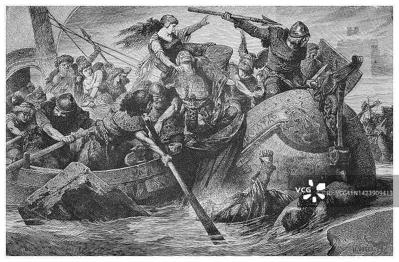 奥拉夫·特里格瓦松挪威国王时期的古老版画插图——维京海盗袭击图片素材