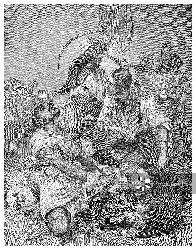 斯蒂芬·迪凯特与的黎波里阿尔及尔人冲突古老雕刻插图图片素材