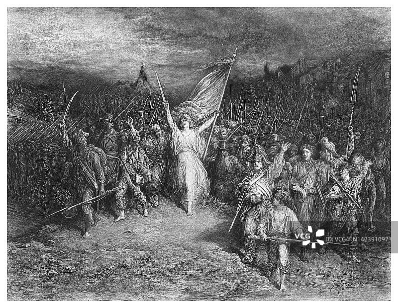 法国艺术家古斯塔夫·多尔的《马赛曲》老式雕刻插图 - 法国国歌的寓言表现图片素材