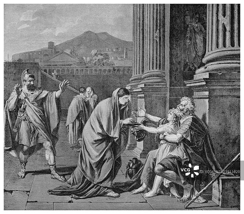 拜占庭罗马将军贝利萨留接受施舍的古老版画插图图片素材