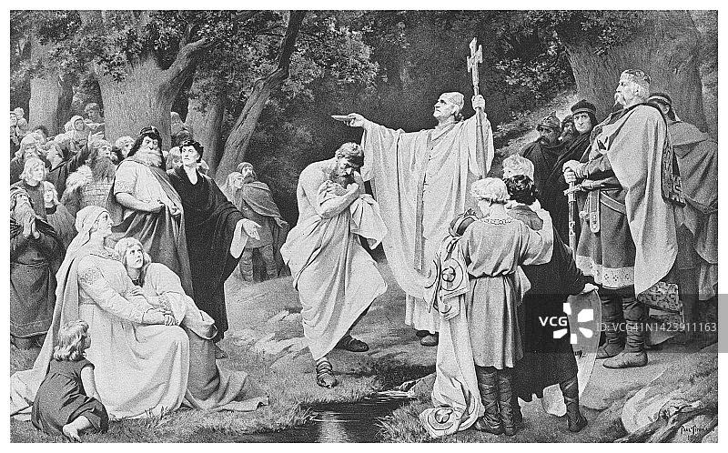 查理曼大帝为威铁金洗礼古董雕刻插图图片素材