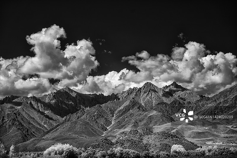 加利福尼亚州曼扎纳尔，孤松镇，威廉姆森山上的黑白积云图片素材