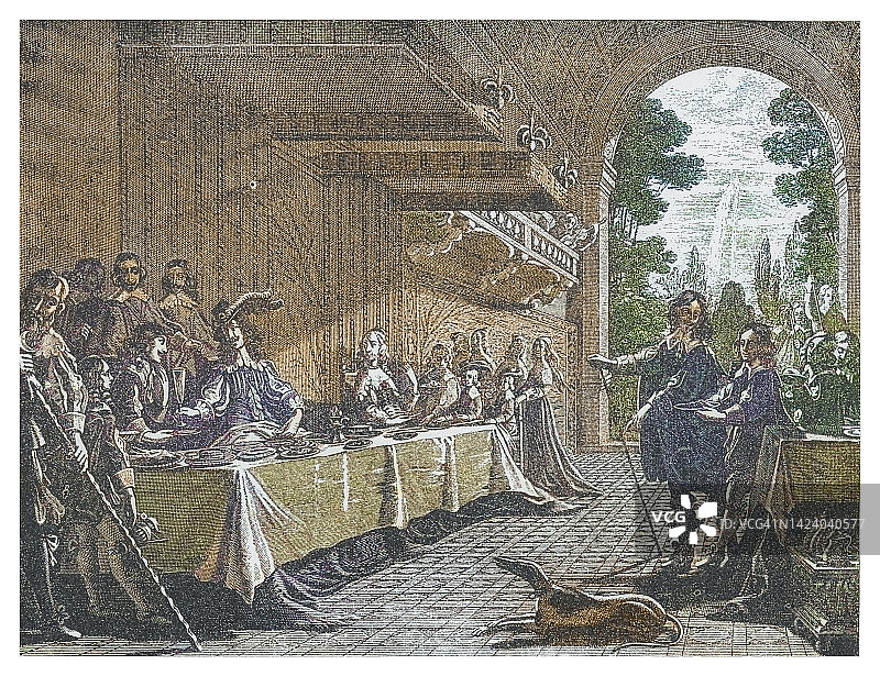 法国路易十三宫廷宴会的古老雕刻插图图片素材