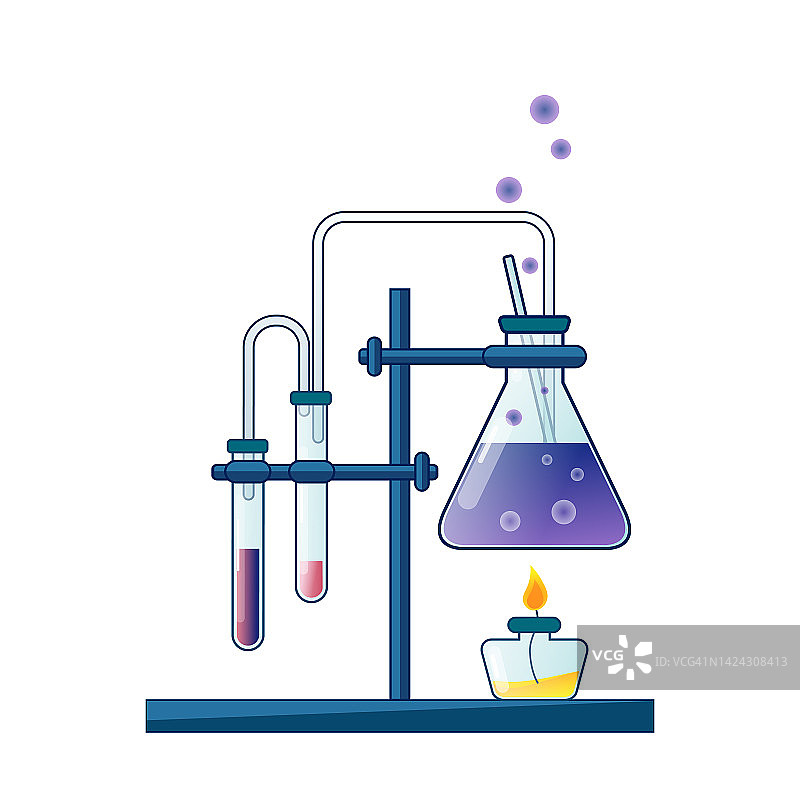 用烧瓶、酒精灯、试管进行化学反应的矢量图。图片素材