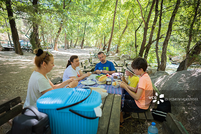 快乐的多元民族家庭在自然公园野餐图片素材