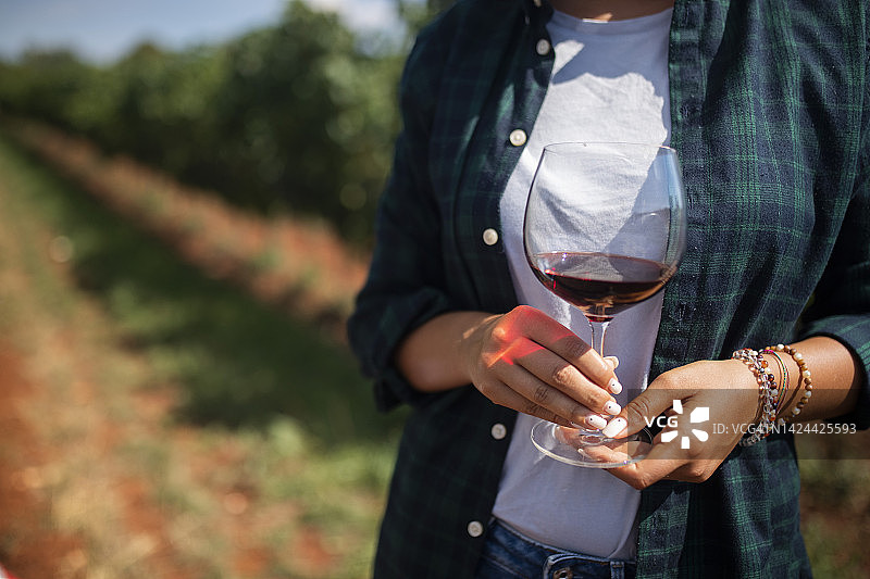 身份不明的女人站在葡萄园里手持酒杯的特写图片素材