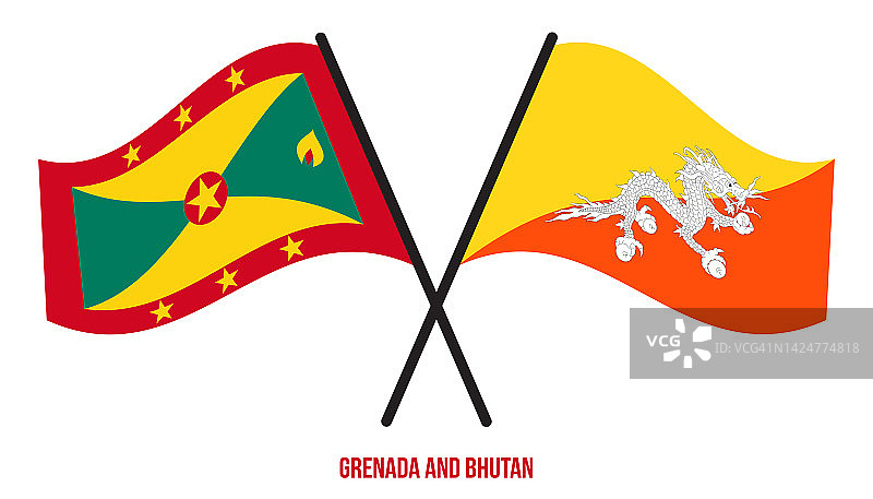格林纳达和不丹国旗交叉飘扬的扁平风格，官方比例，正确颜色图片素材