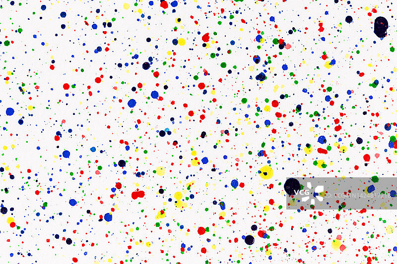 彩色墨水飞溅：明亮材质上的油漆飞溅，彩色圆点，白色纸上的水彩图片素材