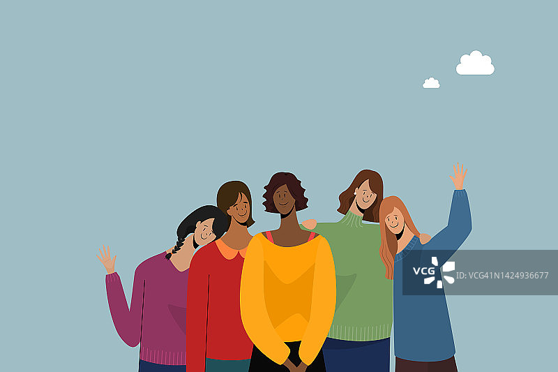 多元化女性插画：不同种族和肤色的女性在蓝色背景下微笑图片素材