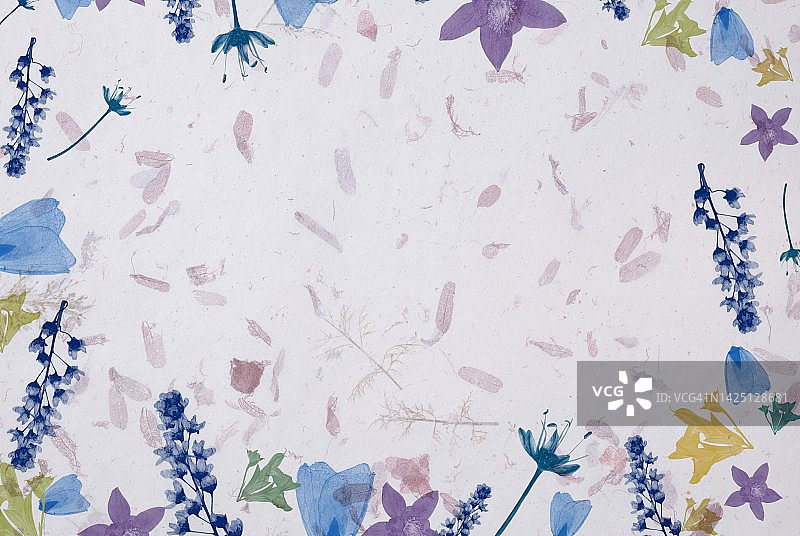 再生桑皮纸背景上的花卉彩绘边框图片素材