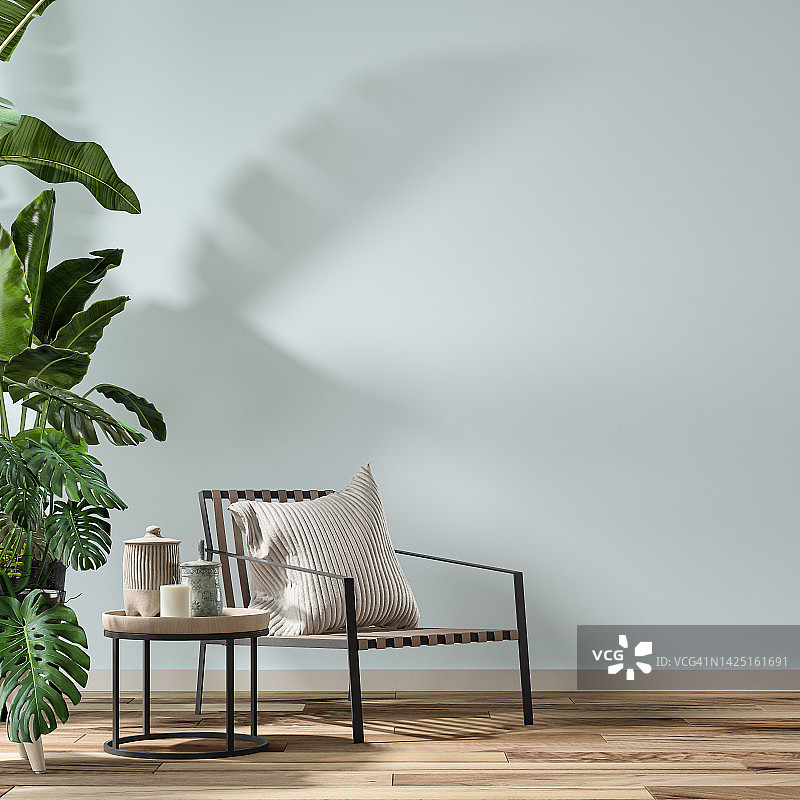 带椅子和盆栽的舒适复古内饰，70-80年代风格图片素材