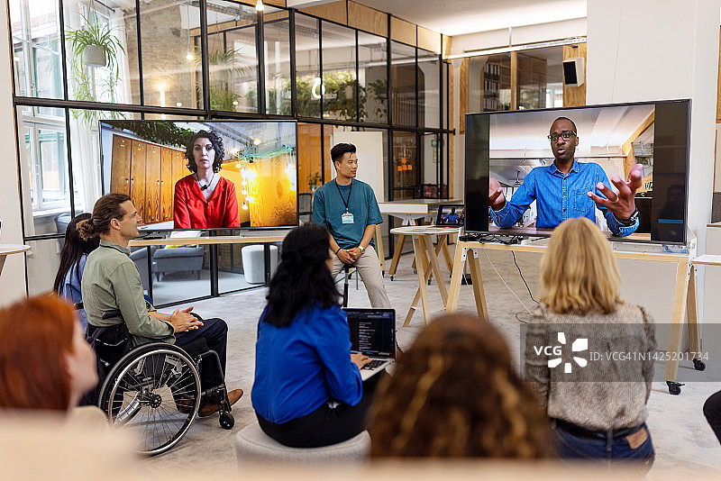 商务人士在创业会议期间通过视频电话与企业家联系图片素材