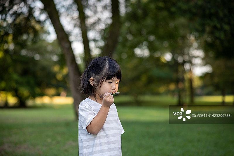 在公园里吃炸鸡的小女孩图片素材