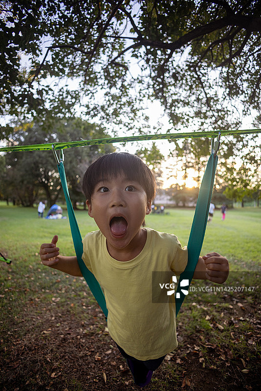 在公园里荡秋千并做鬼脸的男孩图片素材
