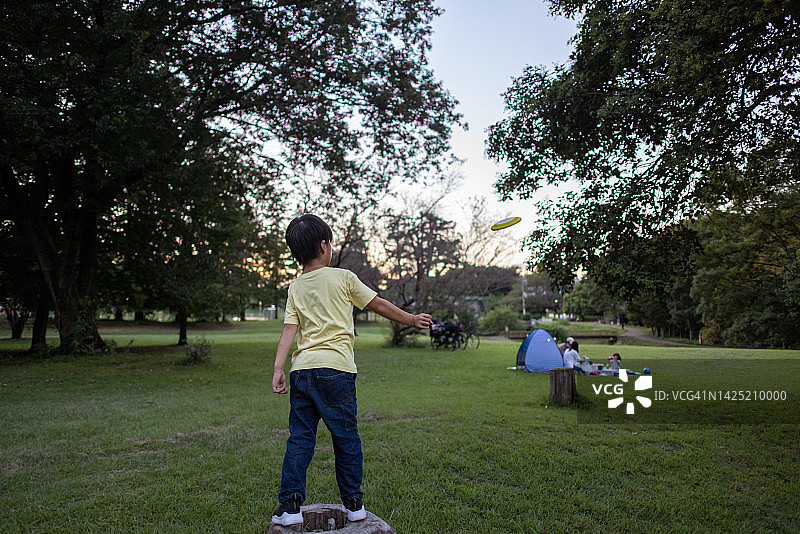 小男孩在公园草地上扔飞盘的背影图片素材