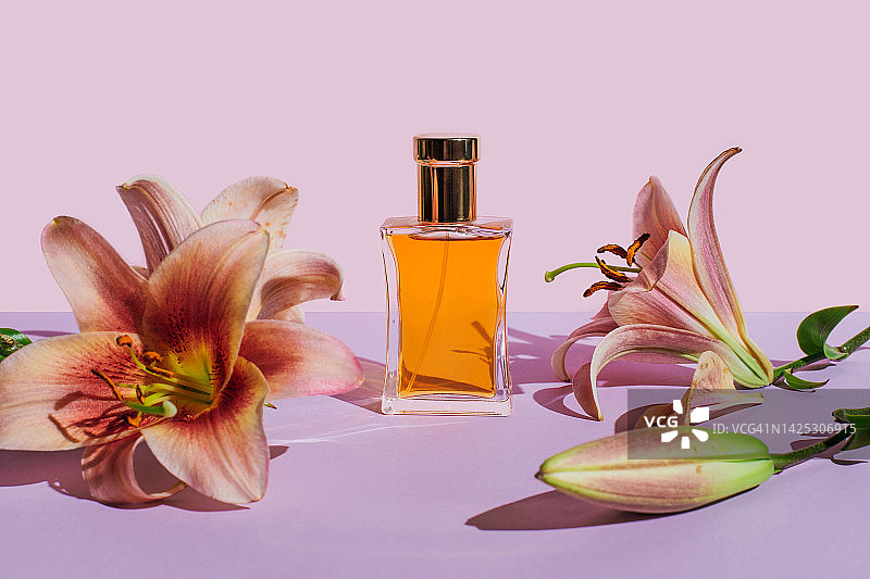 紫色背景的百合花香水瓶，身体面部护理美容品，简约香水模板图片素材