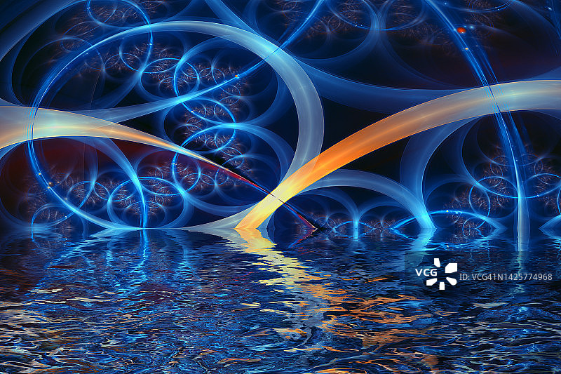 黑色背景上夜晚的抽象放射状技术蓝色分形反射图片素材