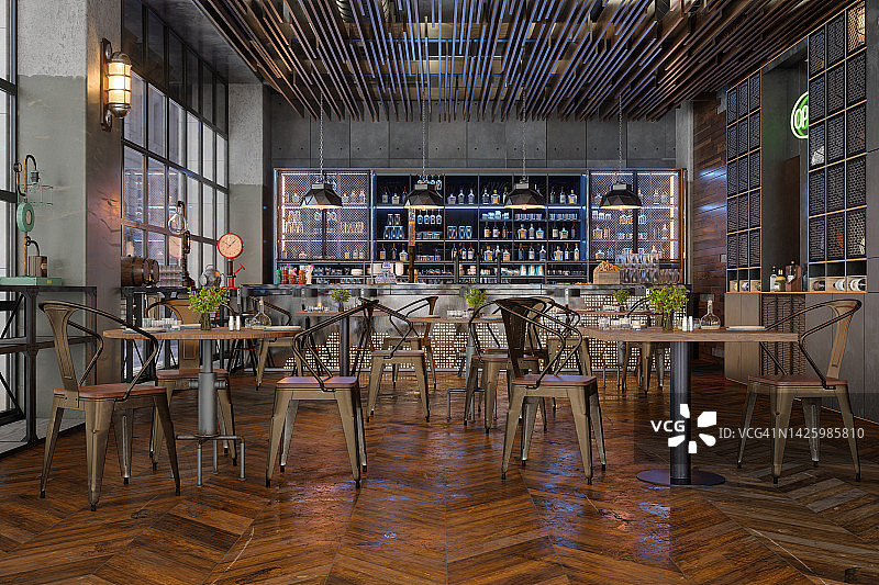 夜间酒吧室内吧台与桌椅图片素材