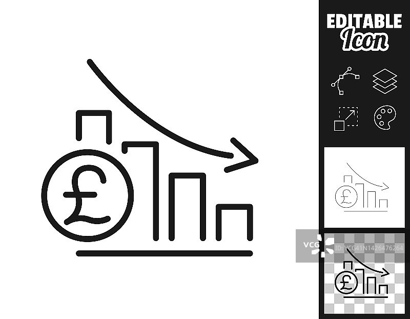 英镑汇率下降图表。图标设计。轻松地编辑图片素材